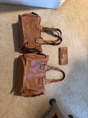 Coach Brown Leather Tote and Matching Wallet Set